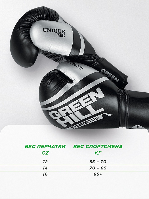 BGU-2308 Боксерские перчатки UNIQUE черно-серебристые