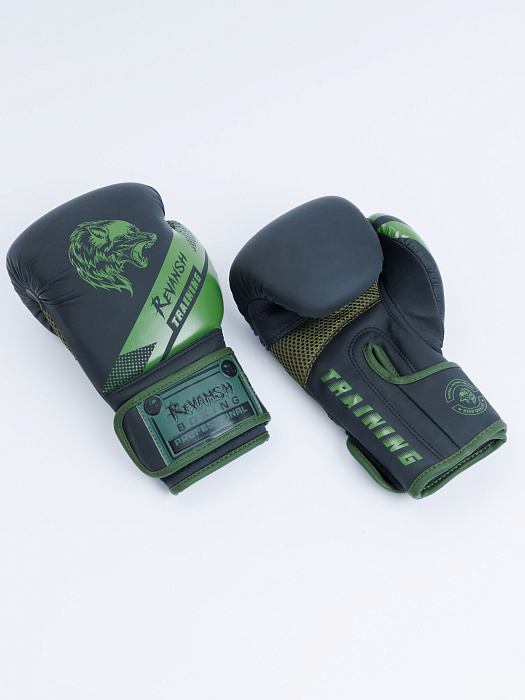Боксерские перчатки, WOLF, кожа зам. Черно-хаки